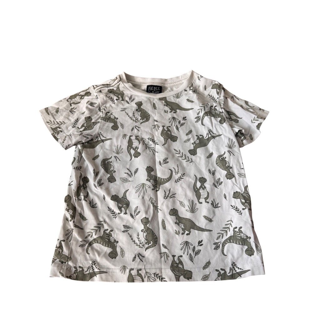 Fierce Frank Boys White Olive Green Dinosaur Print Short Sleeve Tee Shirt 4T